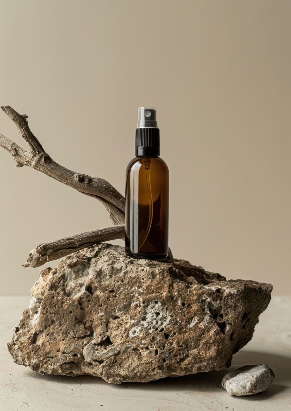 Cosmetics bottle on a marble surface, product photo used as an example for a signed original file