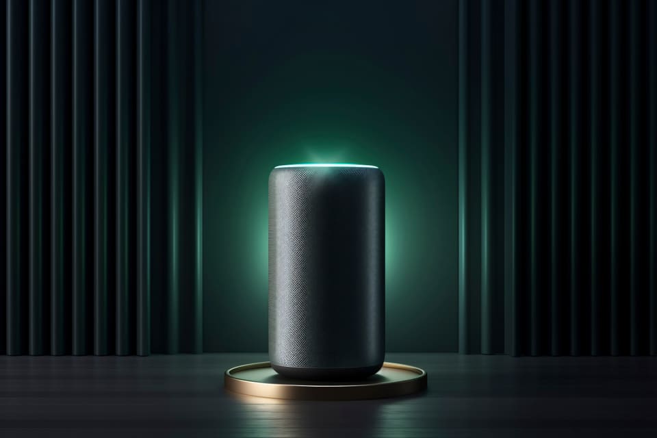 Smart-home speaker on a wooden sideboard, product photo with an AI-generated badge in the corner